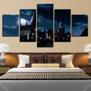 Harry Potter Hogwarts Castle Night Landscape - Movie 5 Panel Canvas Art Wall Decor