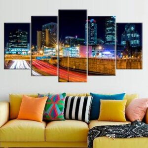 Hartford Skyline by Night Connecticut - Nature 5 Panel Canvas Art Wall Decor