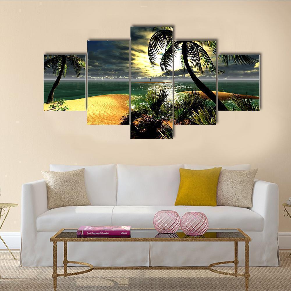 Hawaiian Sunset In Tropical Paradise Nature - 5 Panel Canvas Art Wall Decor Hawaiian Sunset In Tropical Paradise Nature - 5 Panel Canvas Art Wall Decor