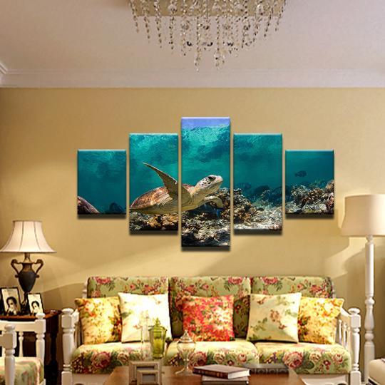 Hawksbeak Sea Turtle On Coral Reef - Animal 5 Panel Canvas Art Wall Decor Hawksbeak Sea Turtle On Coral Reef - Animal 5 Panel Canvas Art Wall Decor