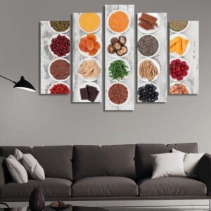 Healthy Selection Of Food In Porcelain Bowls - Kitchen 5 Panel Canvas Art Wall Decor