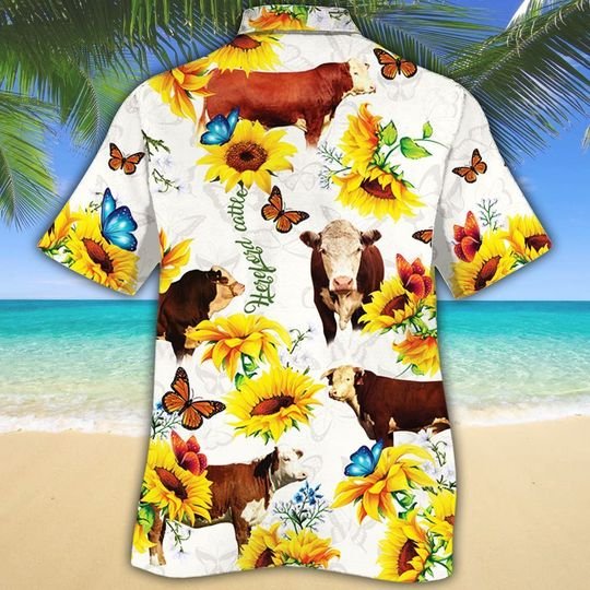 Hereford Cattle Butterfly Sunflower Hawaiian Shirt Hereford Cattle Butterfly Sunflower Hawaiian Shirt