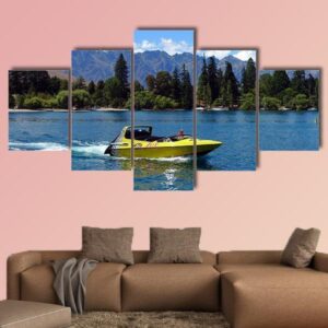 High Speed Jet Boat On The Lake Wakatipu - Nature 5 Panel Canvas Art Wall Decor