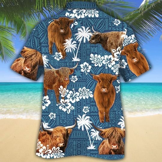 Highland Cattle Hibiscus Blue Triblal Hawaiian Shirt Highland Cattle Hibiscus Blue Triblal Hawaiian Shirt