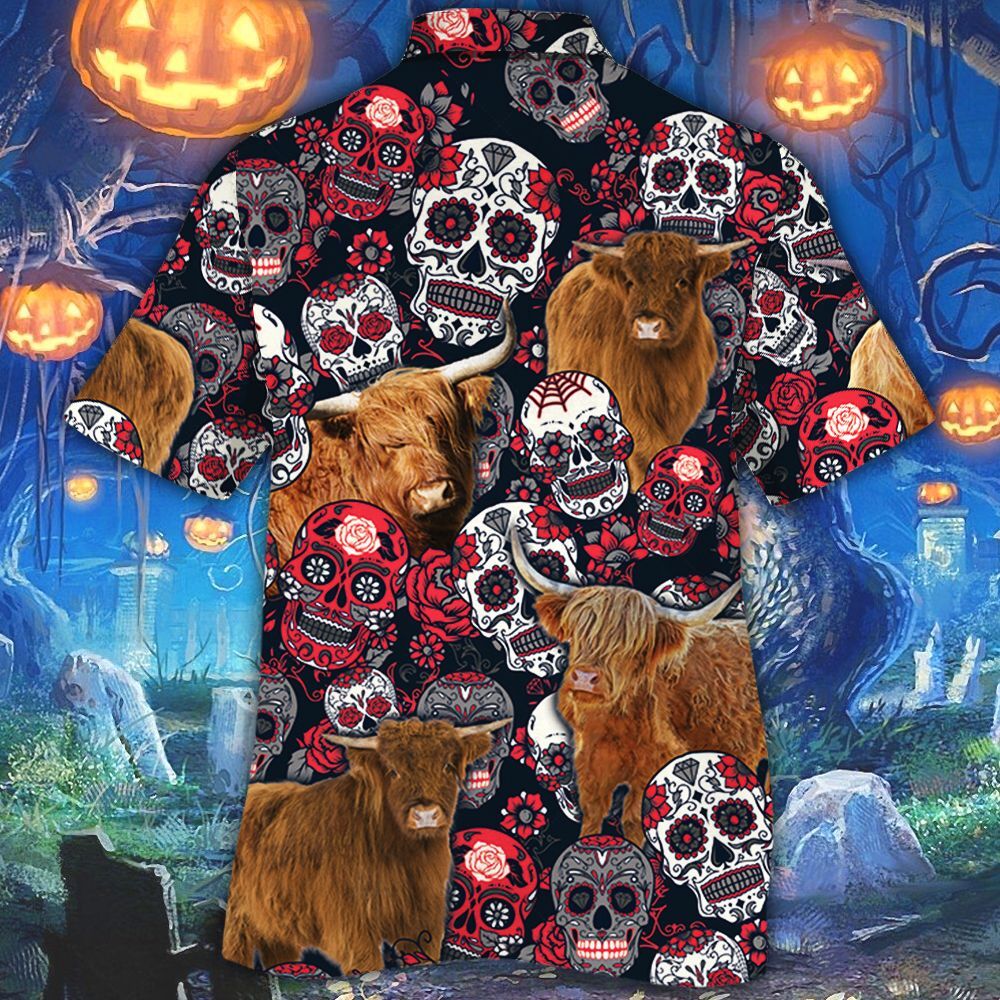 Highland Cattle Sugar Skull Floral Hawaiian Shirt Highland Cattle Sugar Skull Floral Hawaiian Shirt