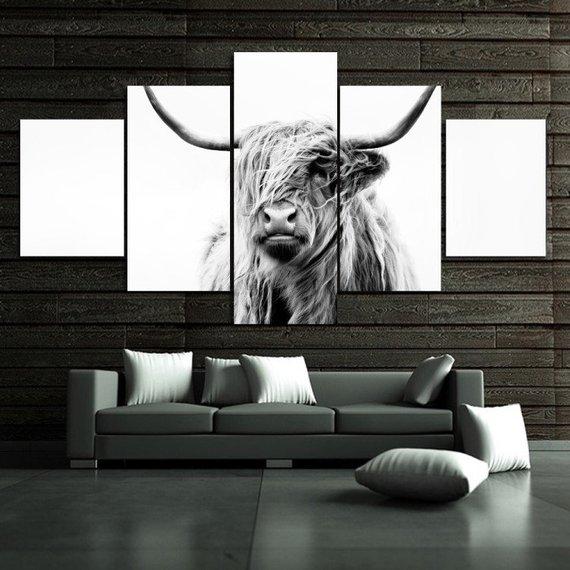 Highland Cow - Animal 5 Panel Canvas Art Wall Decor Highland Cow - Animal 5 Panel Canvas Art Wall Decor