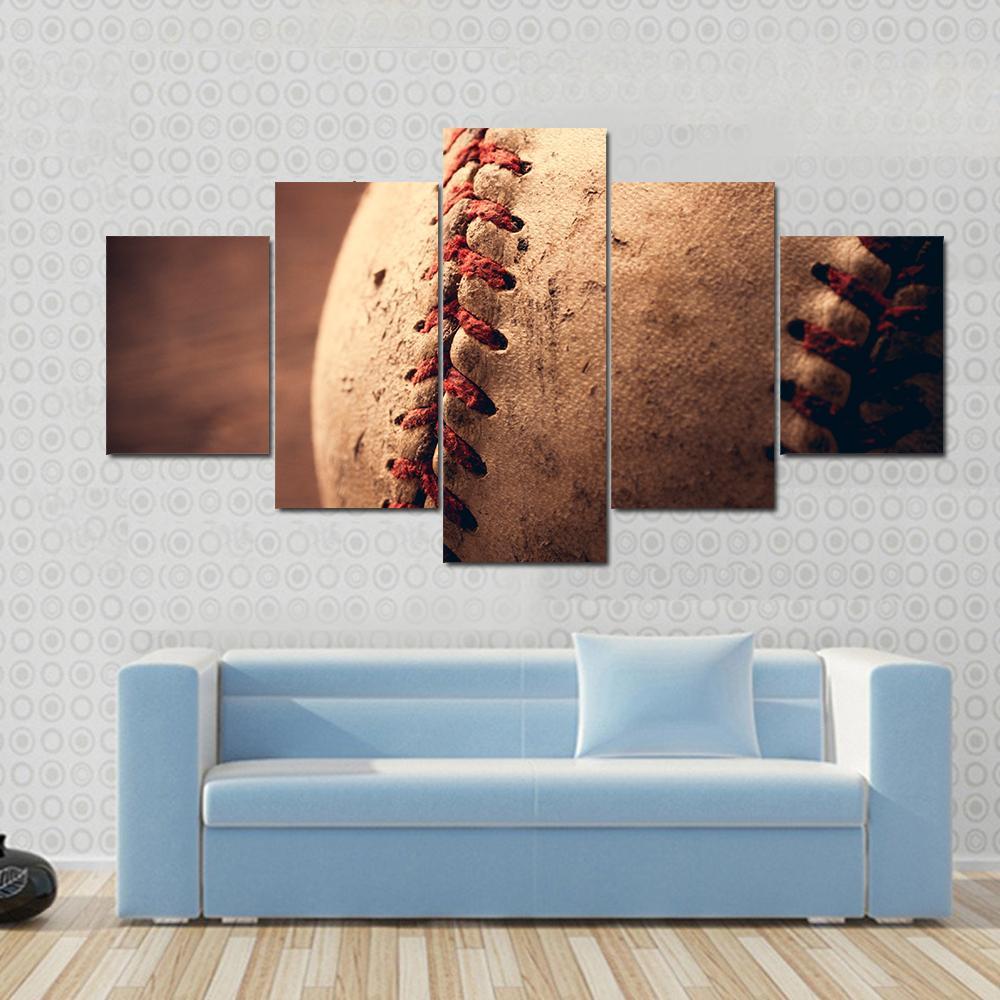 Highly Close-Up Of An Old Baseball - Sport 5 Panel Canvas Art Wall Decor Highly Close-Up Of An Old Baseball - Sport 5 Panel Canvas Art Wall Decor