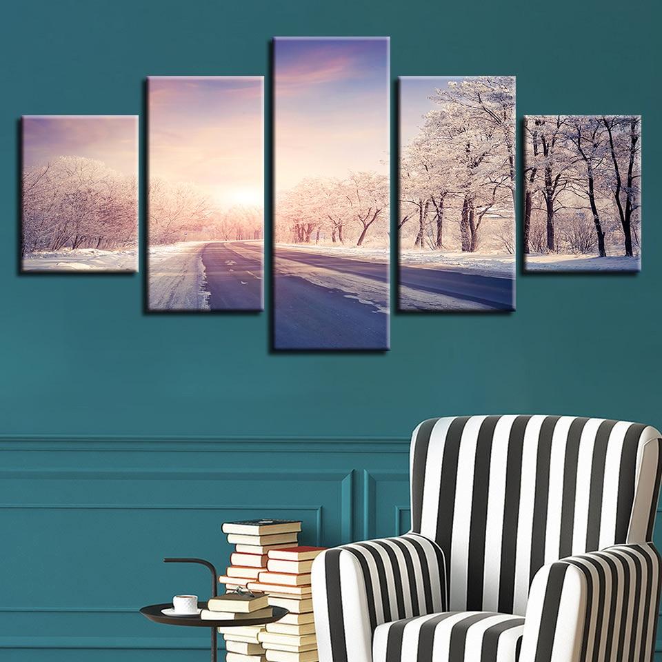 Highway Forest River Sunshine - Nature 5 Panel Canvas Art Wall Decor Highway Forest River Sunshine - Nature 5 Panel Canvas Art Wall Decor