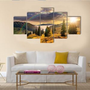 Hillside With Coniferous Forest Mountains - Nature 5 Panel Canvas Art Wall Decor