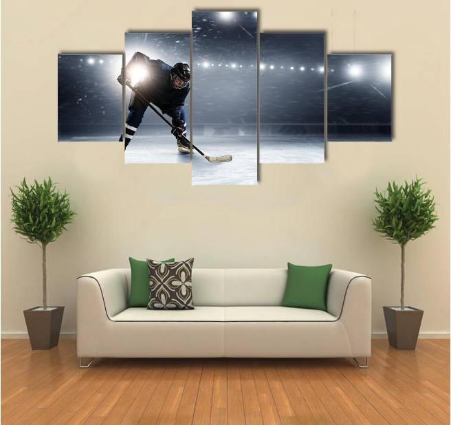 Hockey Player In Lights At Ice Rink - Sport 5 Panel Canvas Art Wall Decor Hockey Player In Lights At Ice Rink - Sport 5 Panel Canvas Art Wall Decor