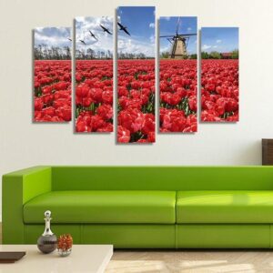 Holland Windmill In A Red Tulip Field - Nature 5 Panel Canvas Art Wall Decor
