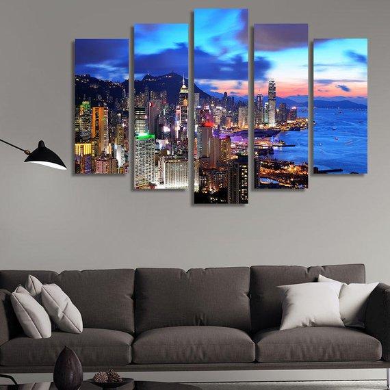 Hong Kong At Sunset - Nature 5 Panel Canvas Art Wall Decor Hong Kong At Sunset - Nature 5 Panel Canvas Art Wall Decor