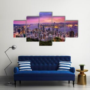 Hong Kong City At Night - Nature 5 Panel Canvas Art Wall Decor