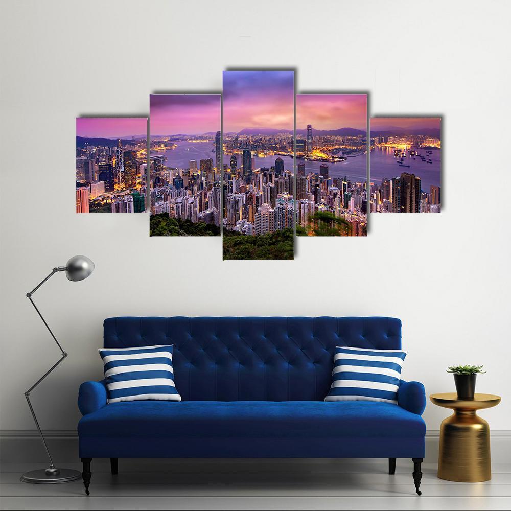 Hong Kong City At Night - Nature 5 Panel Canvas Art Wall Decor Hong Kong City At Night - Nature 5 Panel Canvas Art Wall Decor