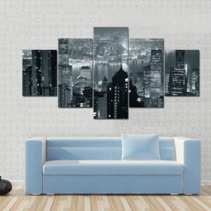 Hong Kong City Skyline At Night - Nature 5 Panel Canvas Art Wall Decor