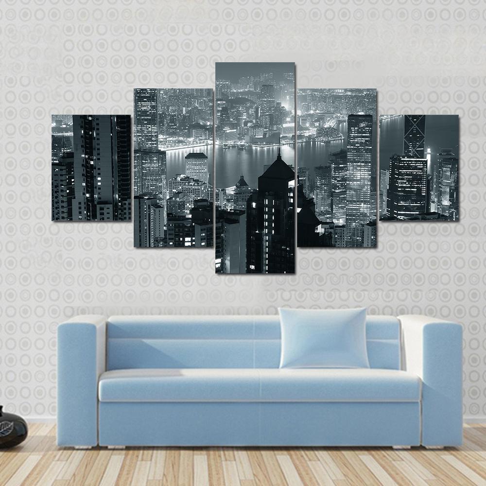 Hong Kong City Skyline At Night - Nature 5 Panel Canvas Art Wall Decor Hong Kong City Skyline At Night - Nature 5 Panel Canvas Art Wall Decor