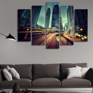 Hong Kong Traffic At Sunset High-Rise Buildings - Nature 5 Panel Canvas Art Wall Decor