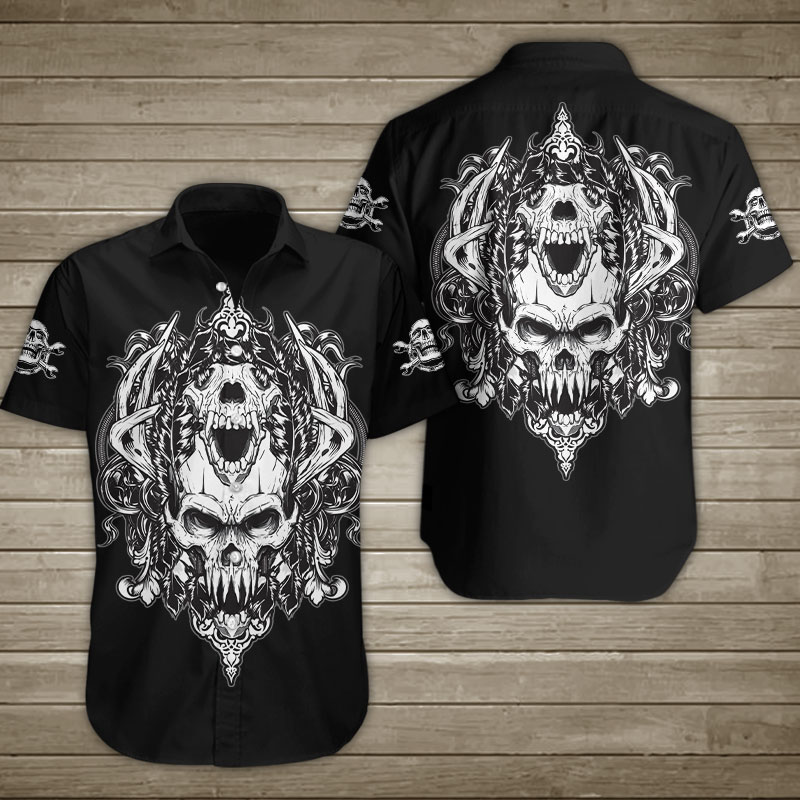 Horned Warrior Skull Hawaiian Shirt Summer Button Up Horned Warrior Skull Hawaiian Shirt Summer Button Up
