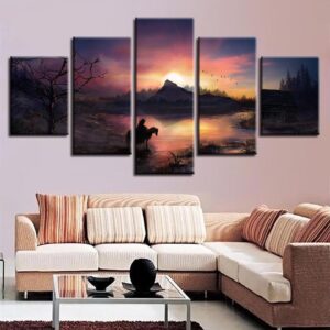 Horse And Bird Sunset - Nature 5 Panel Canvas Art Wall Decor