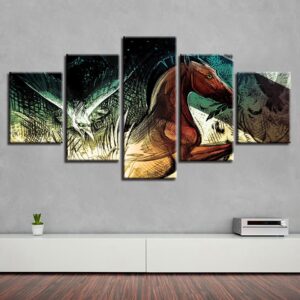 Horse And Eagle Green Eye - Animal 5 Panel Canvas Art Wall Decor