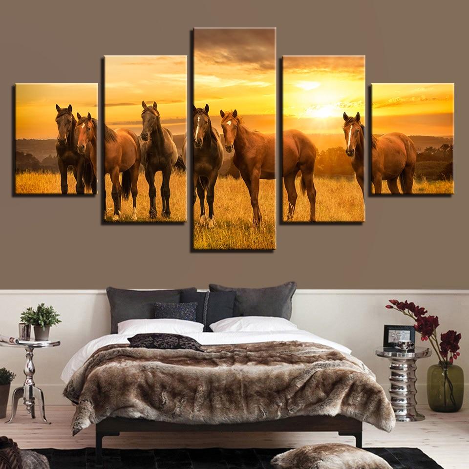 Horse Family Sunshine Sunset - Animal 5 Panel Canvas Art Wall Decor Horse Family Sunshine Sunset - Animal 5 Panel Canvas Art Wall Decor