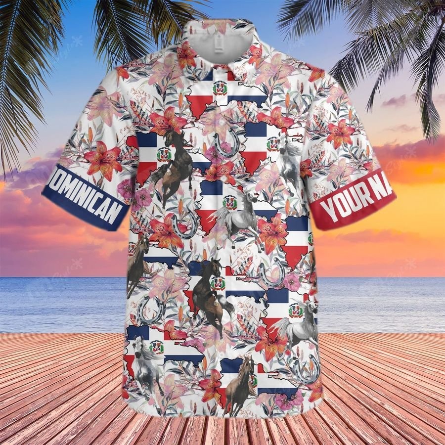 Horse Foliage Dominican Flag Pattern Custom Name Hawaii Shirt Horse Foliage Dominican Flag Pattern Custom Name Hawaii Shirt