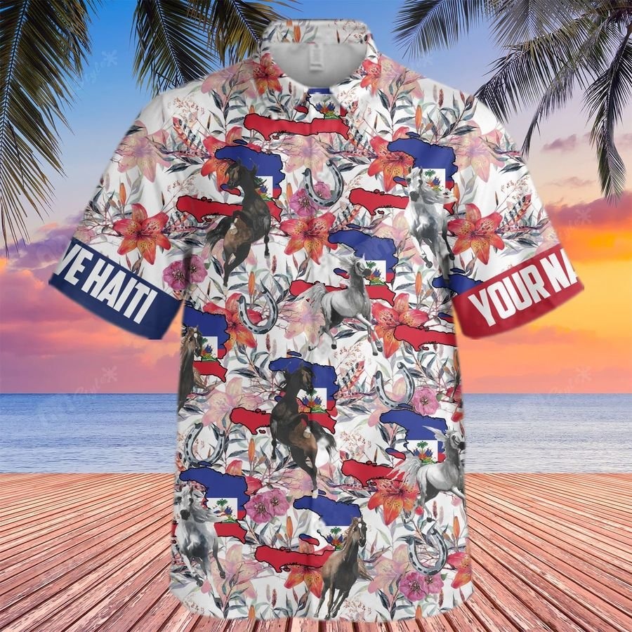 Horse Foliage Haiti Flag Pattern Custom Name Hawaii Shirt Horse Foliage Haiti Flag Pattern Custom Name Hawaii Shirt