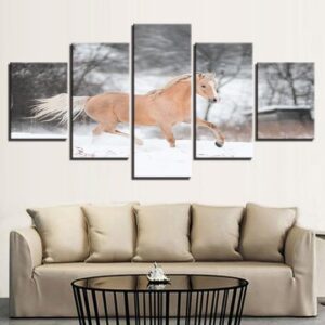 Horse Galloping Through A Snowy Field - Aniaml 5 Panel Canvas Art Wall Decor