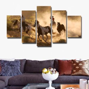 Horse Group Running - Animal 5 Panel Canvas Art Wall Decor