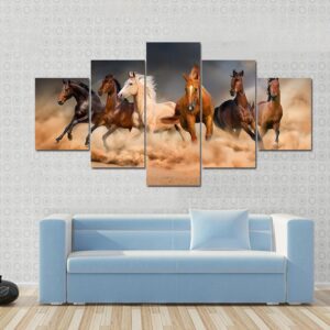 Horse Herd Run In Desert - Animal 5 Panel Canvas Art Wall Decor