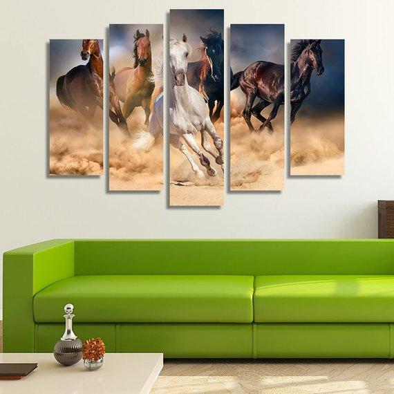 Horse Herd Running In The Desert 01 - Animal 5 Panel Canvas Art Wall Decor Horse Herd Running In The Desert 01 - Animal 5 Panel Canvas Art Wall Decor