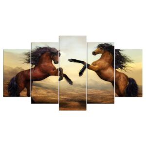 Horse Wasteland two Leaping - Animal 5 Panel Canvas Art Wall Decor