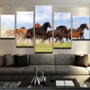 Horses Herd - Animal 5 Panel Canvas Art Wall Decor