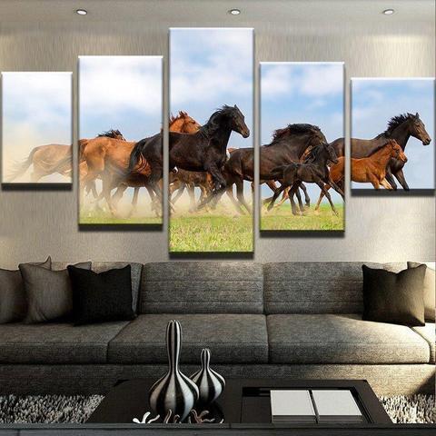 Horses Herd - Animal 5 Panel Canvas Art Wall Decor Horses Herd - Animal 5 Panel Canvas Art Wall Decor