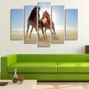 Horses In The Desert - Animal 5 Panel Canvas Art Wall Decor