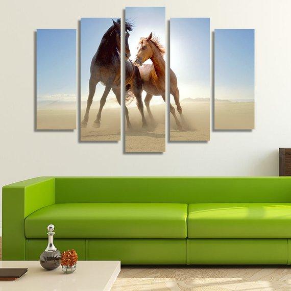Horses In The Desert - Animal 5 Panel Canvas Art Wall Decor Horses In The Desert - Animal 5 Panel Canvas Art Wall Decor