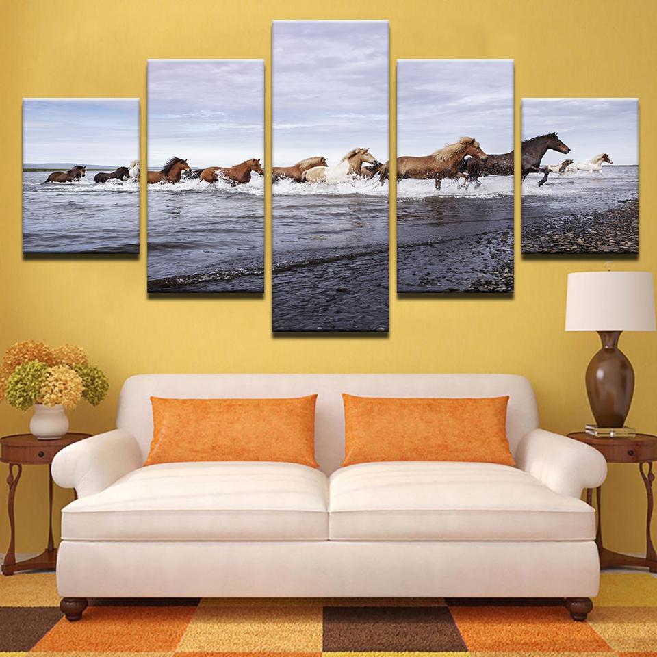 Horses Running By The Sea - Animal 5 Panel Canvas Art Wall Decor Horses Running By The Sea - Animal 5 Panel Canvas Art Wall Decor