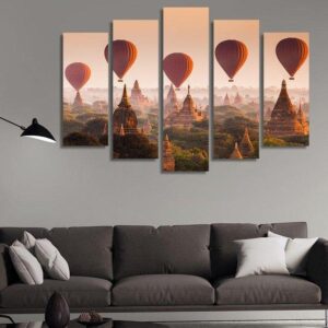 Hot Air Balloons Over Plain Of Bagan - Nature 5 Panel Canvas Art Wall Decor