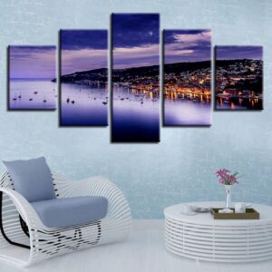 House And Mountain Sea Night - Nature 5 Panel Canvas Art Wall Decor