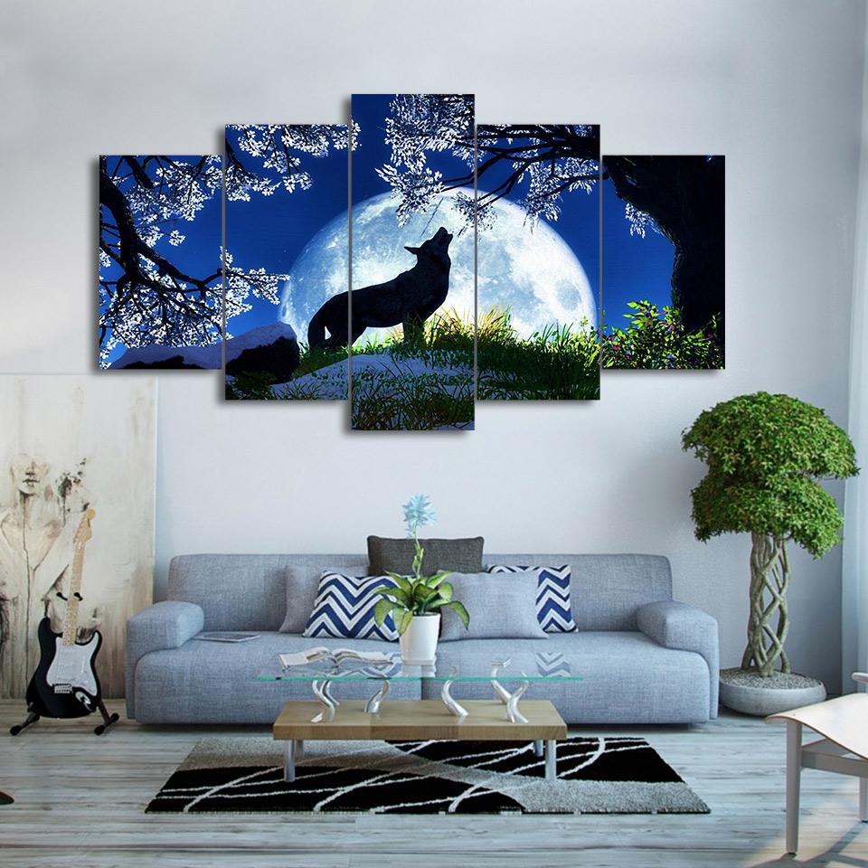 Howling Wolf Blue Moon Cherry Blossoms Night - Animal 5 Panel Canvas Art Wall Decor Howling Wolf Blue Moon Cherry Blossoms Night - Animal 5 Panel Canvas Art Wall Decor