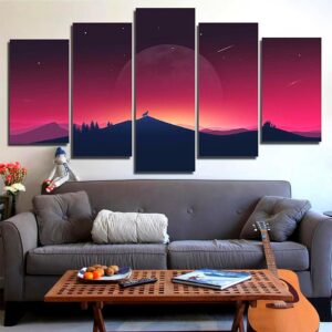 Howling Wolf Carving - Space Universe 5 Panel Canvas Art Wall Decor