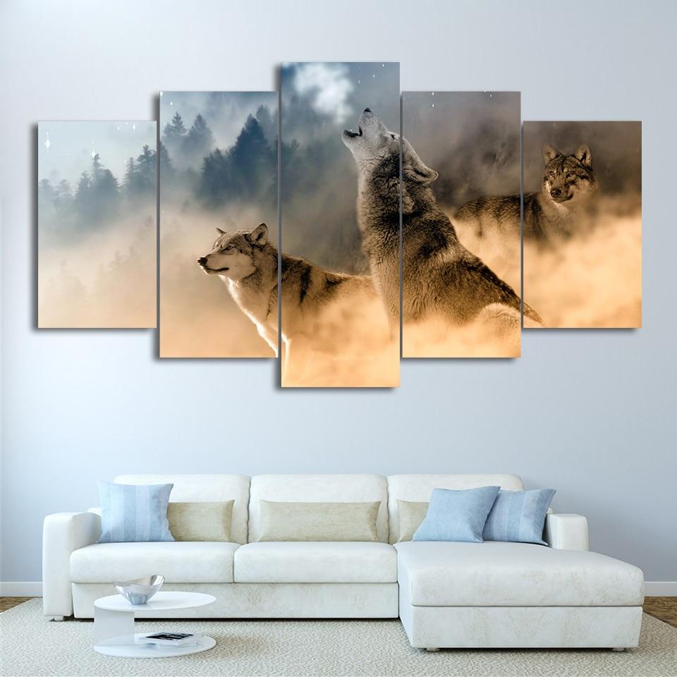 Howling Wolf in Clouds - Animal 5 Panel Canvas Art Wall Decor Howling Wolf in Clouds - Animal 5 Panel Canvas Art Wall Decor