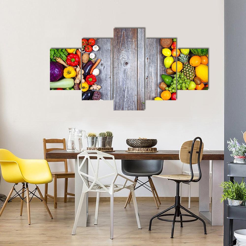 Huge Group Of Fresh Vegetables And Fruit - Kitchen 5 Panel Canvas Art Wall Decor Huge Group Of Fresh Vegetables And Fruit - Kitchen 5 Panel Canvas Art Wall Decor