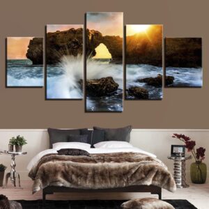 Huge Sea Wave Sunset Reef - Space 5 Panel Canvas Art Wall Decor