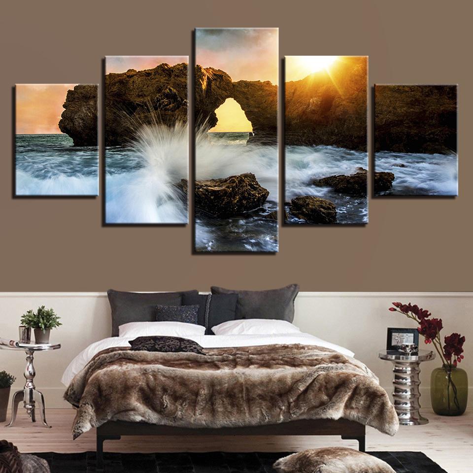 Huge Sea Wave Sunset Reef - Space 5 Panel Canvas Art Wall Decor Huge Sea Wave Sunset Reef - Space 5 Panel Canvas Art Wall Decor