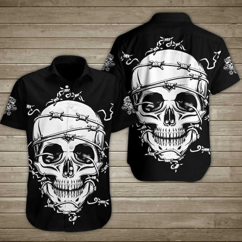 Human Skull In Barbed Wire Hawaiian Shirt Summer Button Up Human Skull In Barbed Wire Hawaiian Shirt Summer Button Up