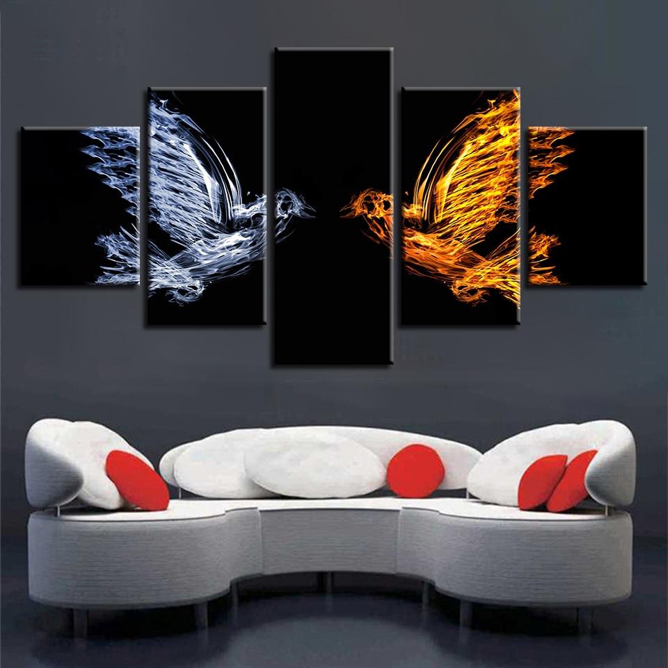 Ice And Fire Birds - Abstract 5 Panel Canvas Art Wall Decor Ice And Fire Birds - Abstract 5 Panel Canvas Art Wall Decor
