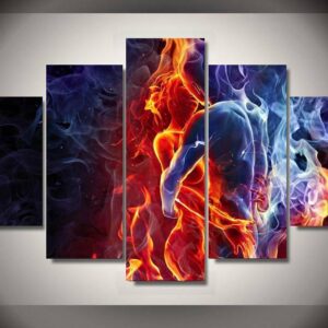 Ice And Fire Hot Couple Kiss Each Other - Abstract 5 Panel Canvas Art Wall Decor