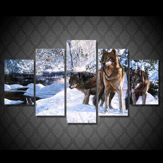 Ice Forest Wolves Wild - Animal 5 Panel Canvas Art Wall Decor Ice Forest Wolves Wild - Animal 5 Panel Canvas Art Wall Decor