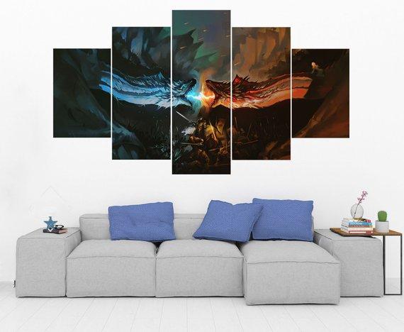 Ice Vs Fire Dragon Game Of Thrones - Movie 5 Panel Canvas Art Wall Decor Ice Vs Fire Dragon Game Of Thrones - Movie 5 Panel Canvas Art Wall Decor